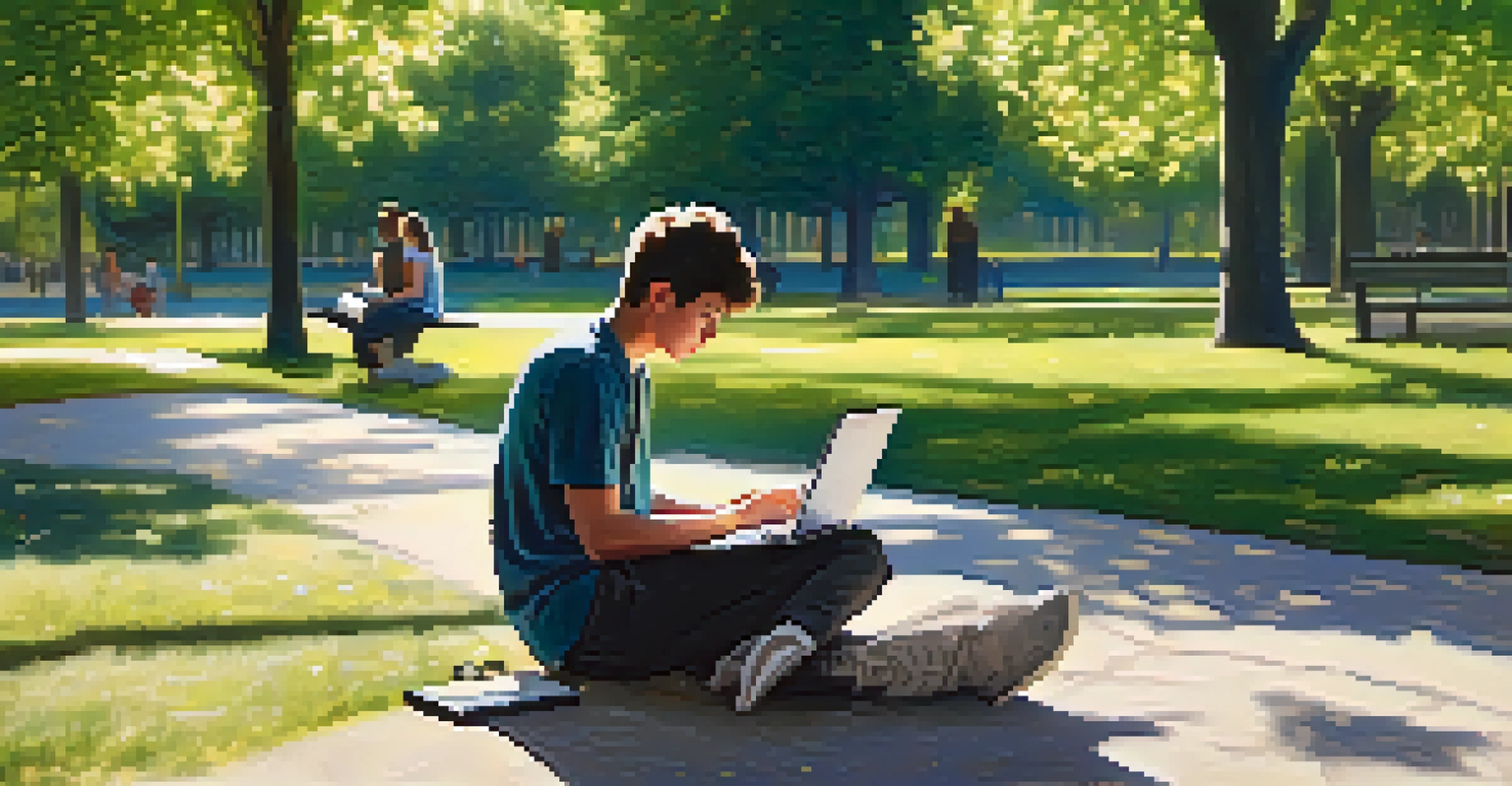 A student in a park using a laptop, surrounded by nature, with sunlight filtering through the leaves, depicting a blend of education and well-being.