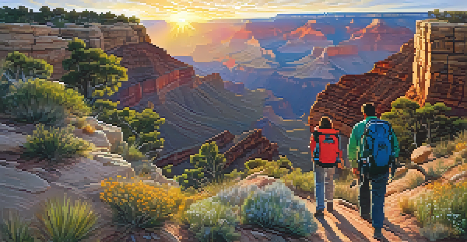 A family hiking along the Grand Canyon at sunrise, surrounded by colorful canyon walls and wildflowers.