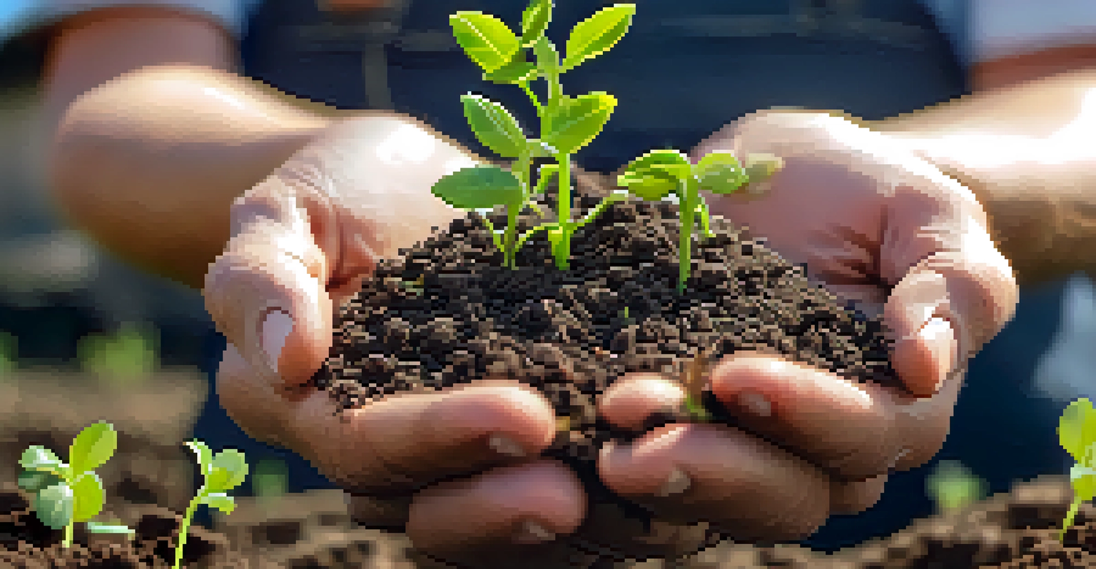 A close-up of a farmer holding healthy soil with sprouts, representing sustainable agriculture.