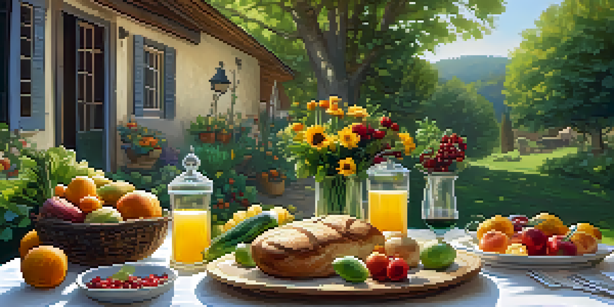 An outdoor dining table with seasonal produce, surrounded by greenery and a farm in the background.