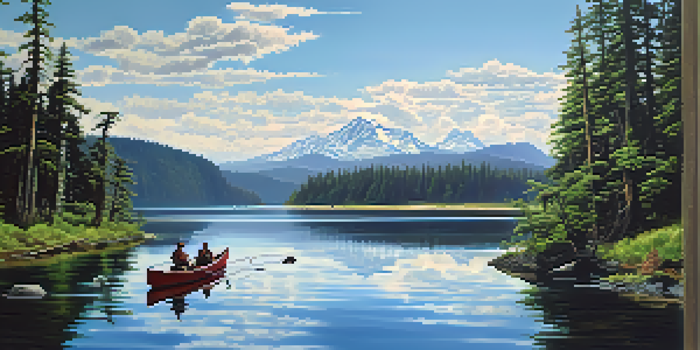 A lush forest landscape with a winding river, Indigenous canoes, and members of the Coast Salish tribe fishing, under a blue sky.