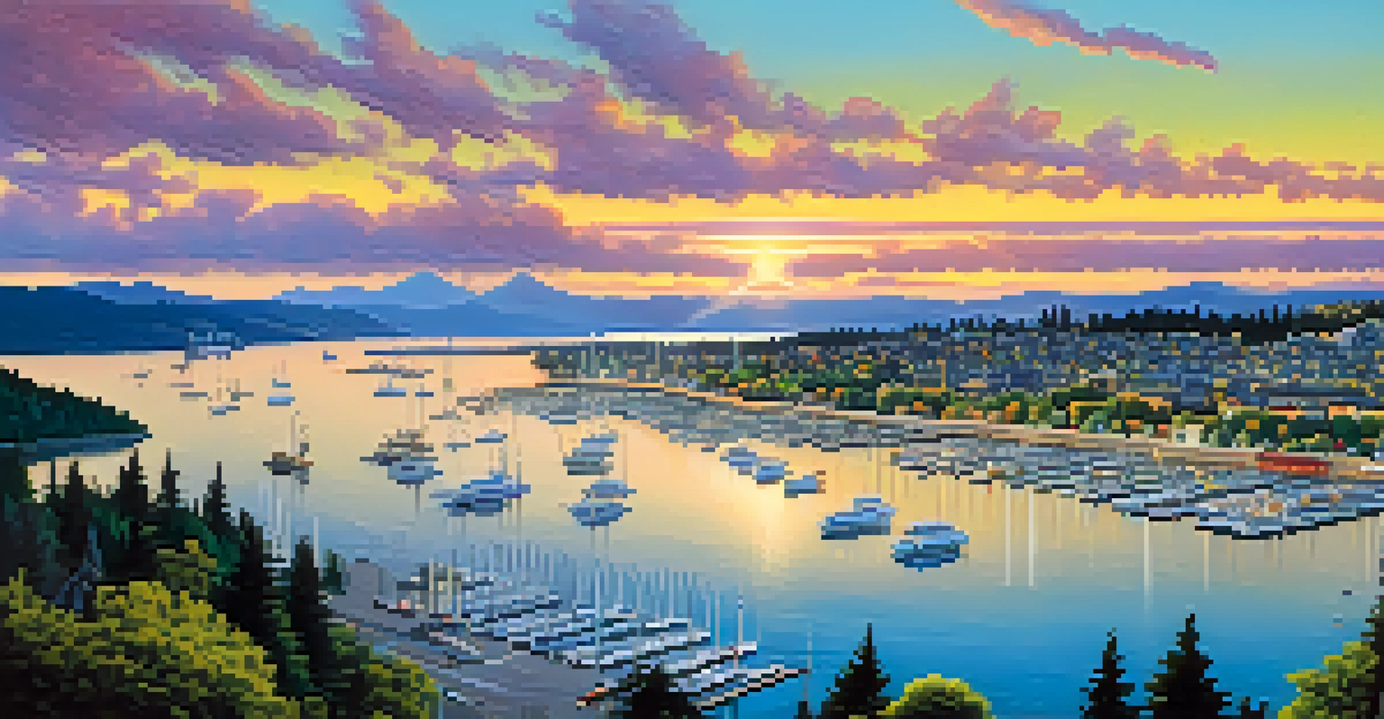 An aerial view of a vibrant coastal city with a bustling waterfront, parks, and a sunset reflecting off the water.