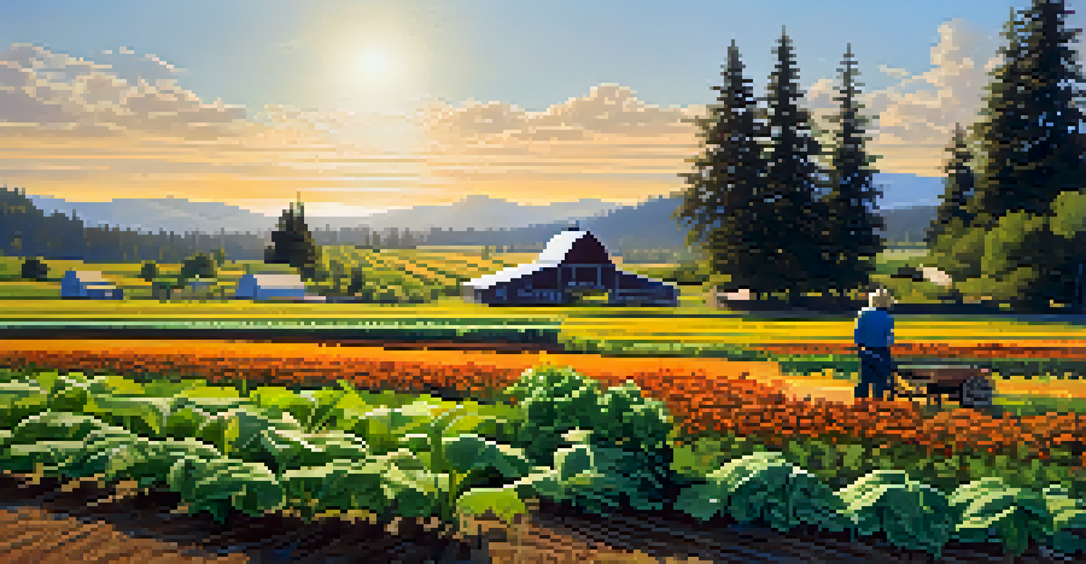 A sustainable farm in Washington State with organic crops, a farmer inspecting them, and a barn made from reclaimed wood surrounded by wildlife.
