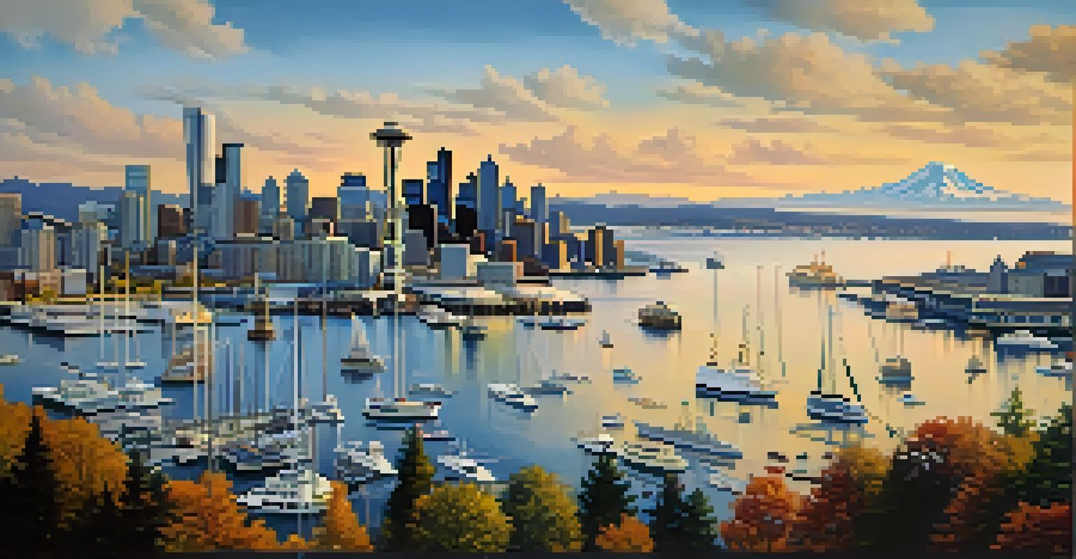 Aerial view of Seattle skyline featuring the Space Needle and waterfront, with boats and parks visible.
