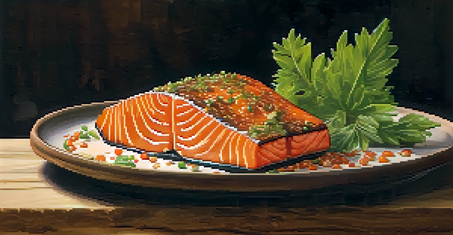 A close-up of a modern dish featuring salmon glazed with innovative flavors, beautifully arranged on a rustic plate, surrounded by natural elements.