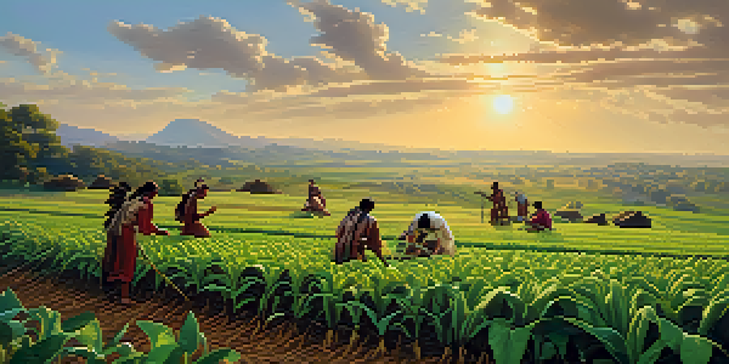 A Native American tribe farming during sunset, with crops like maize and tobacco in a serene landscape.