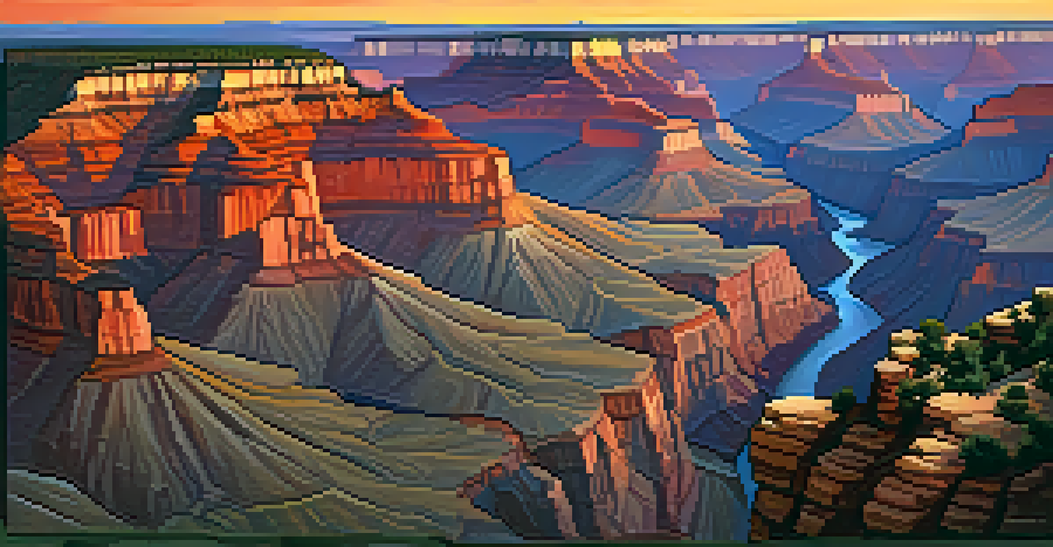 Aerial view of the Grand Canyon at sunset with colorful cliffs and the Colorado River below.
