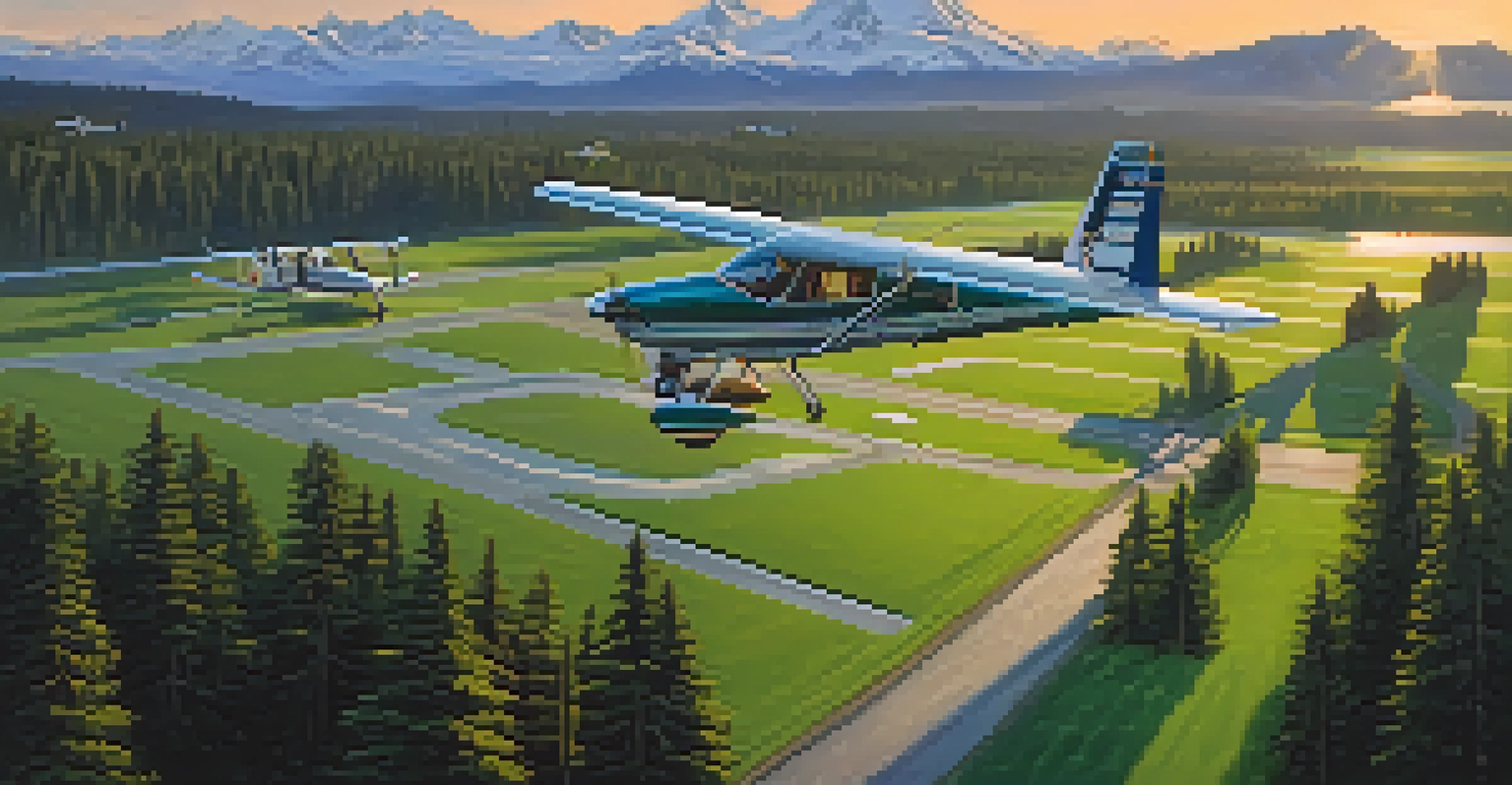 Aerial view of a green landscape with a small runway and parked aircraft, set against the Cascade Mountains during sunset.