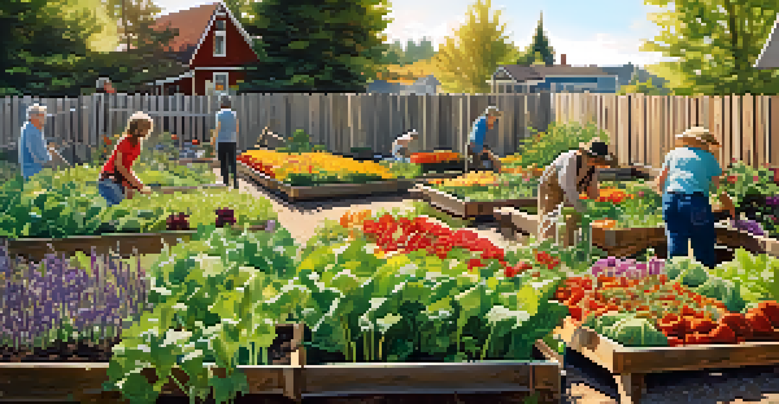 A community garden bustling with residents tending to vegetables and flowers, surrounded by a rustic fence.