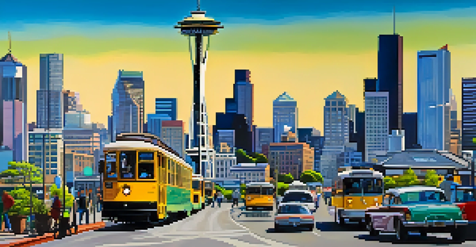 A lively cityscape of Seattle with the Space Needle, showcasing diverse people engaging in activities under a clear sky.