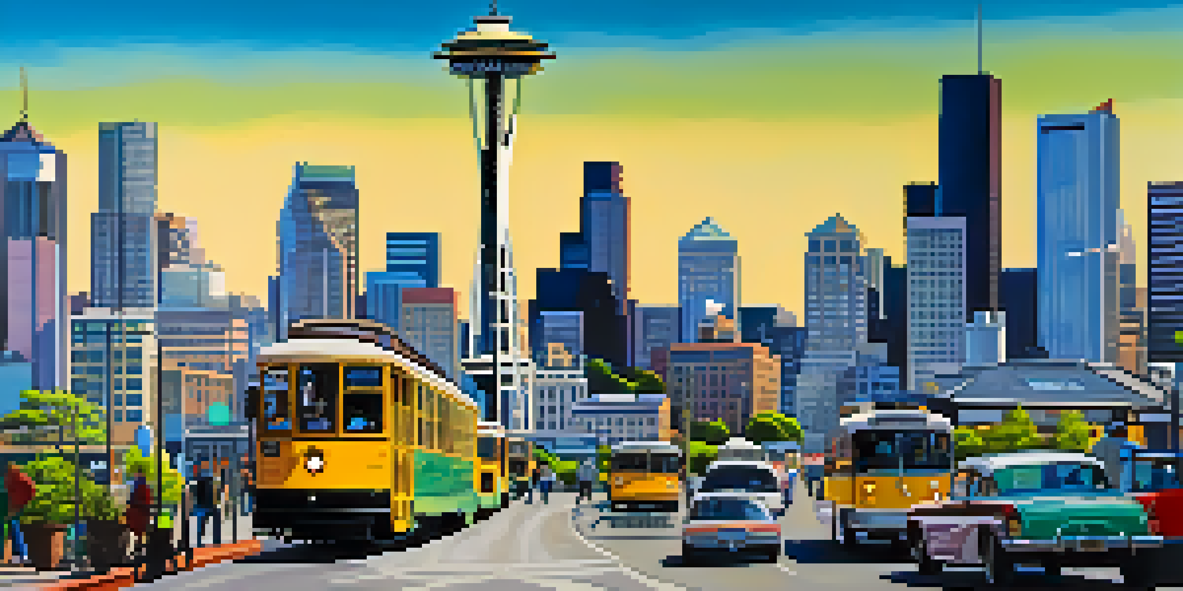 A lively cityscape of Seattle with the Space Needle, showcasing diverse people engaging in activities under a clear sky.