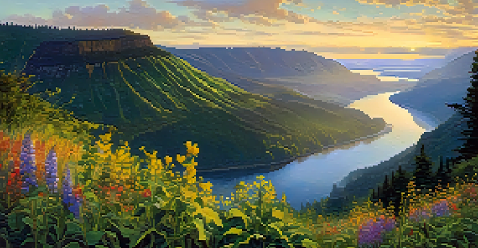 A stunning panoramic view of the Columbia River Gorge during sunrise, with cliffs, forests, and blooming wildflowers in the foreground.