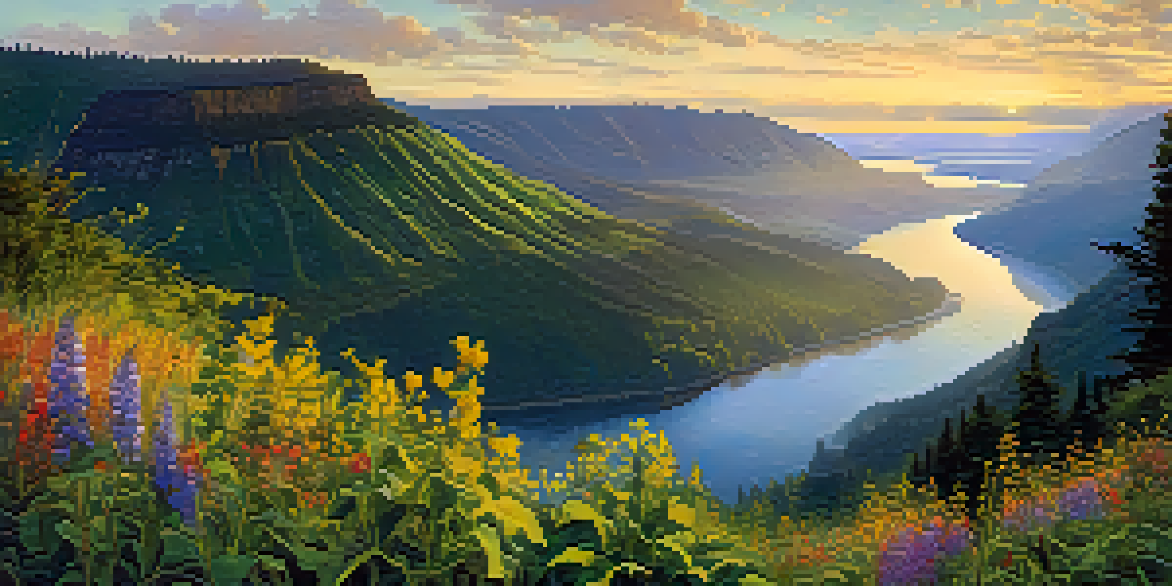 A stunning panoramic view of the Columbia River Gorge during sunrise, with cliffs, forests, and blooming wildflowers in the foreground.
