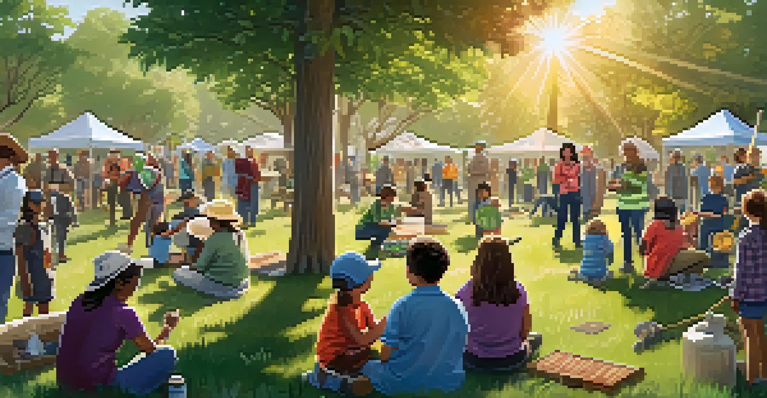A community gathering in a park where people of different ages are planting trees, surrounded by native plants and educational displays about wildlife conservation.