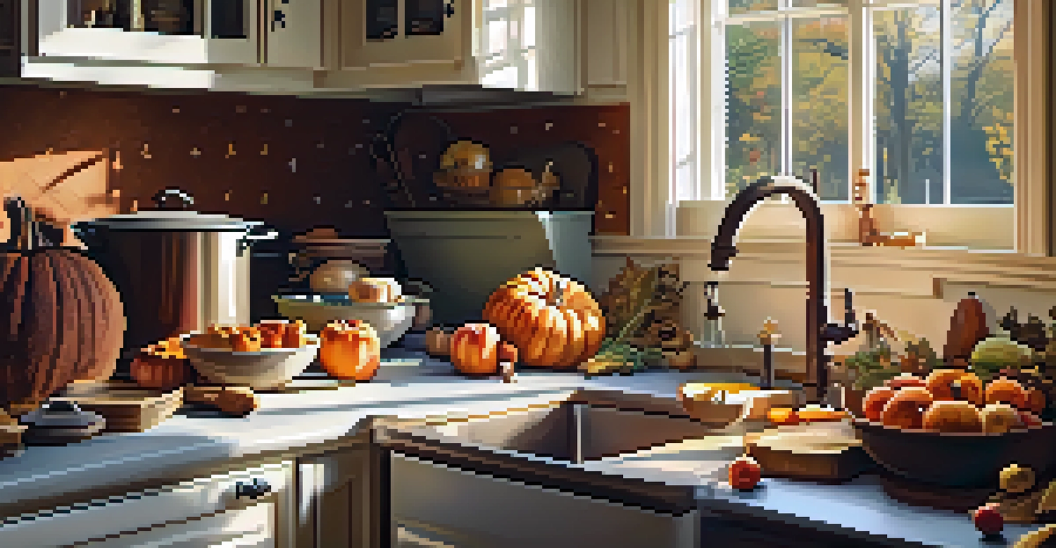 A warm autumn kitchen with a steaming pot of vegetable stew and fresh apples, creating a homely atmosphere with autumn decorations.