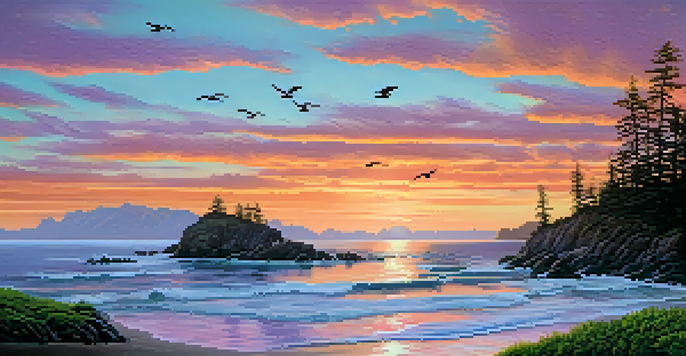 A beautiful sunset over the Pacific Ocean in Washington State, with green coastal vegetation in the foreground and seagulls flying in the sky.