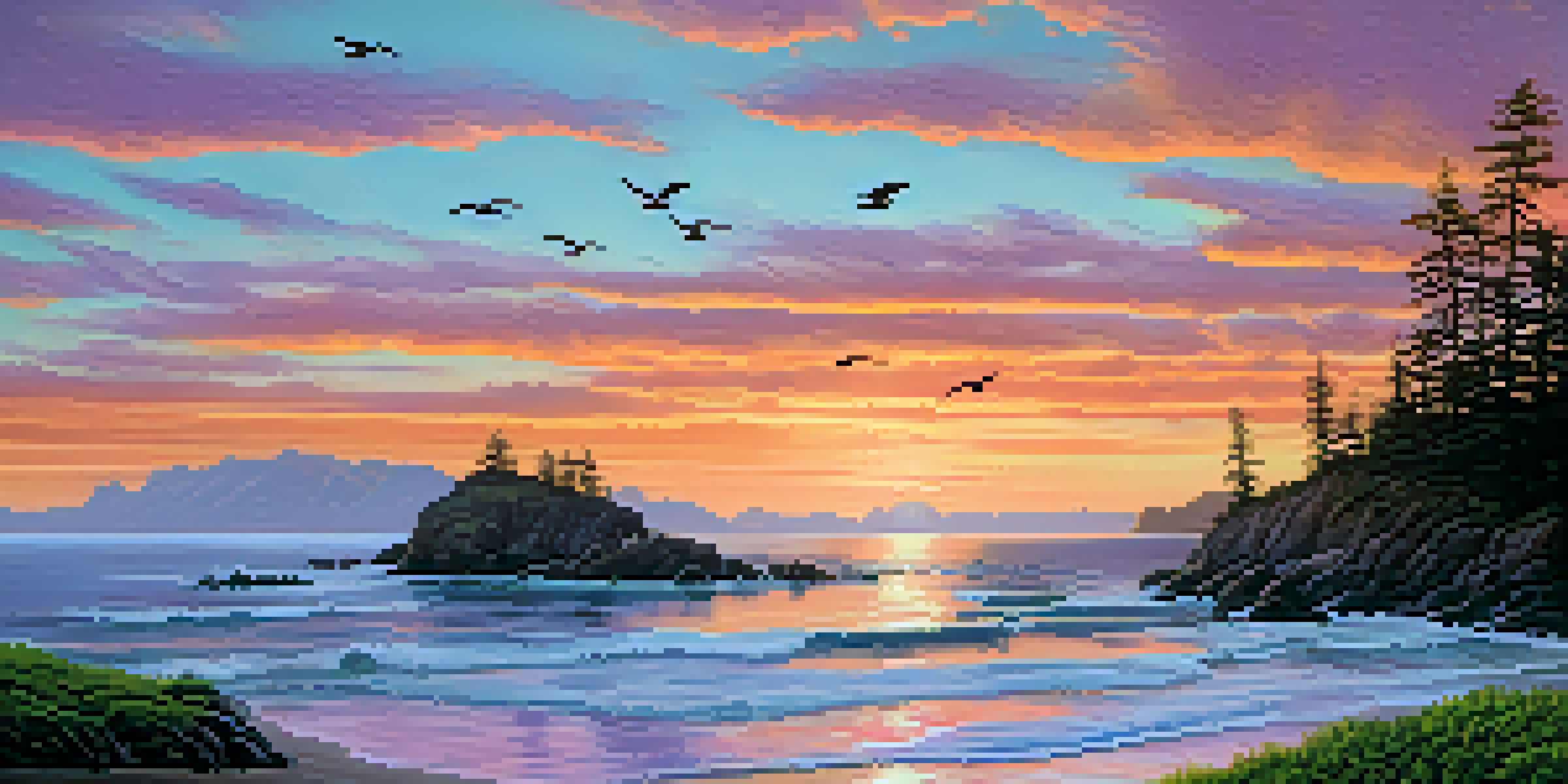 A beautiful sunset over the Pacific Ocean in Washington State, with green coastal vegetation in the foreground and seagulls flying in the sky.