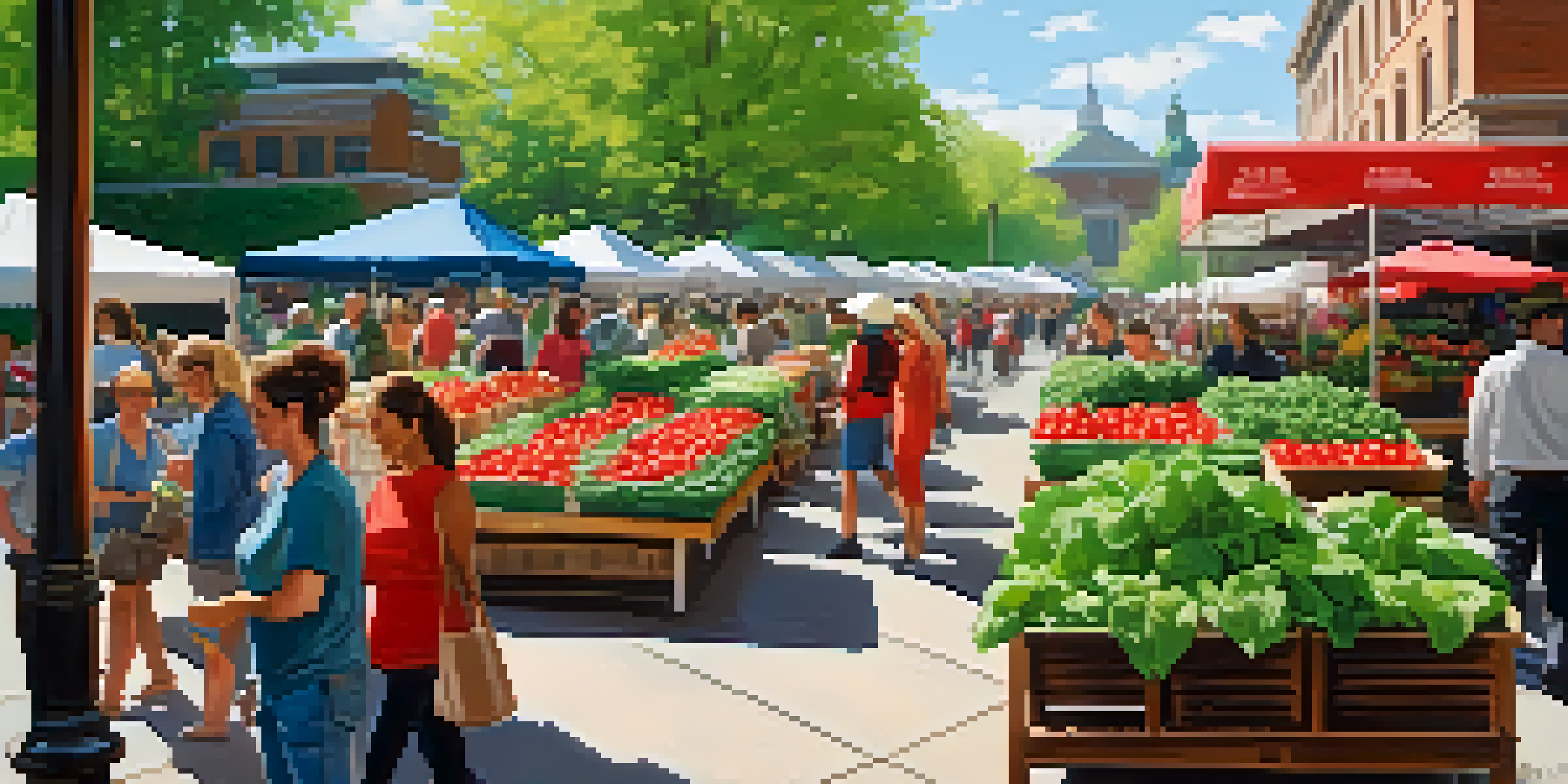 A lively spring farmers' market filled with fresh greens and strawberries, with people shopping under the sunlight and surrounded by blooming flowers.