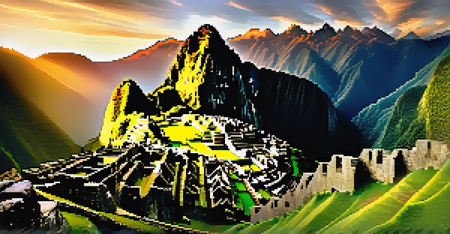 A breathtaking sunrise illuminating the ancient ruins of Machu Picchu, surrounded by misty green mountains.