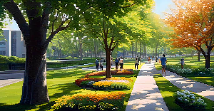 A peaceful urban park with green trees and flowers, illuminated by golden sunlight, where people are walking and jogging, with city buildings in the background.