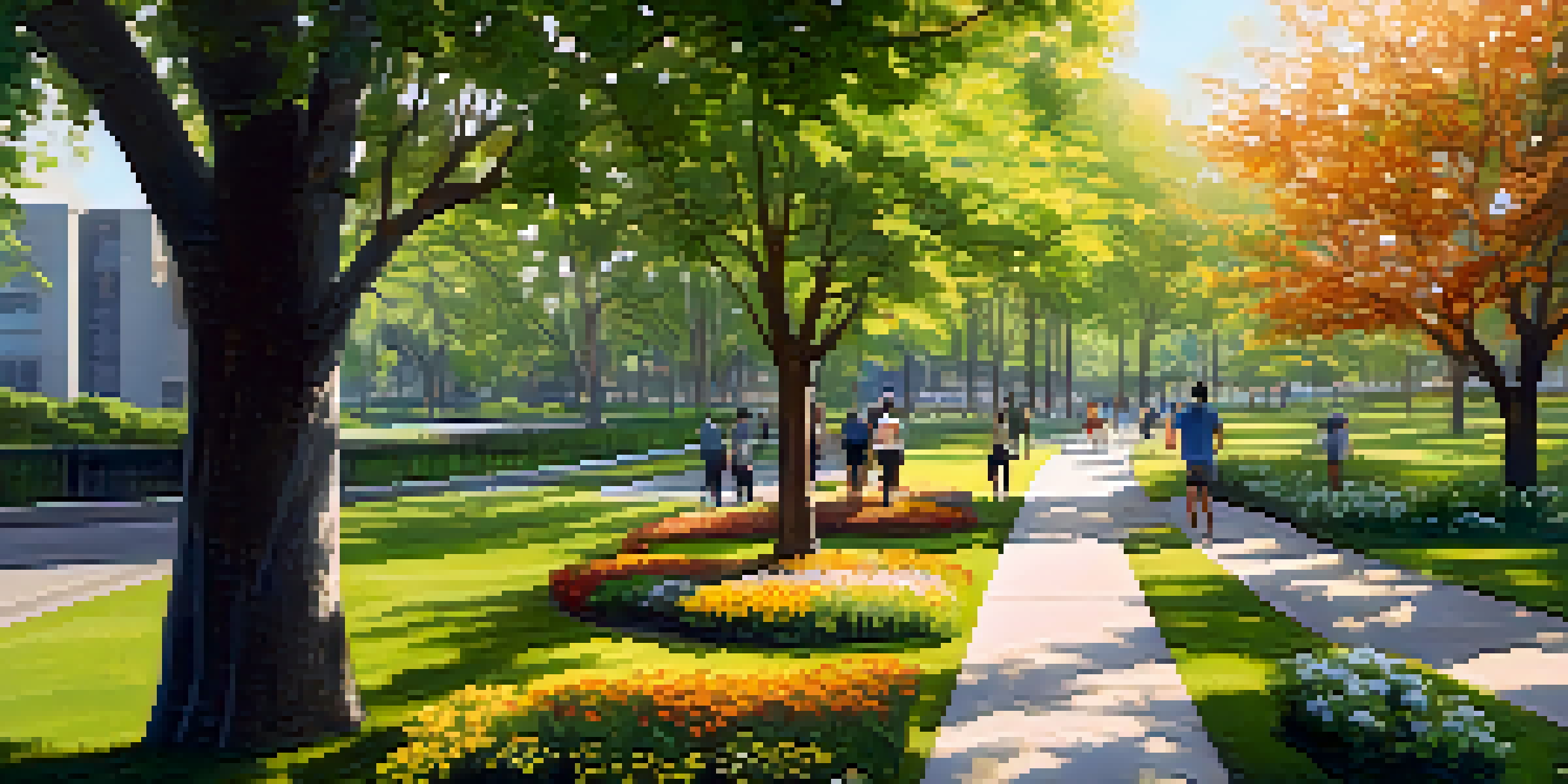 A peaceful urban park with green trees and flowers, illuminated by golden sunlight, where people are walking and jogging, with city buildings in the background.