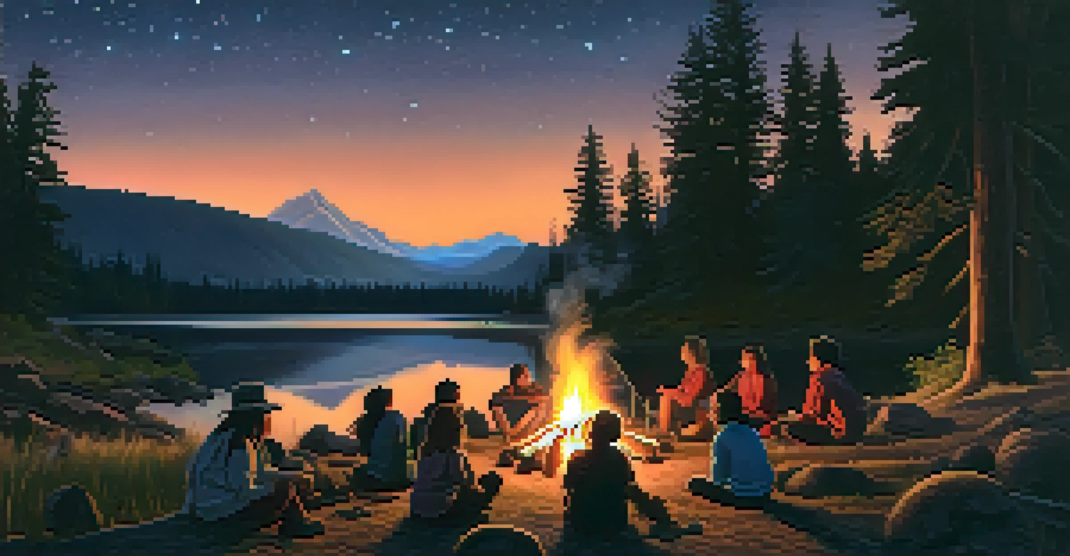 Indigenous youth around a campfire sharing stories under a starlit sky in a beautiful landscape.