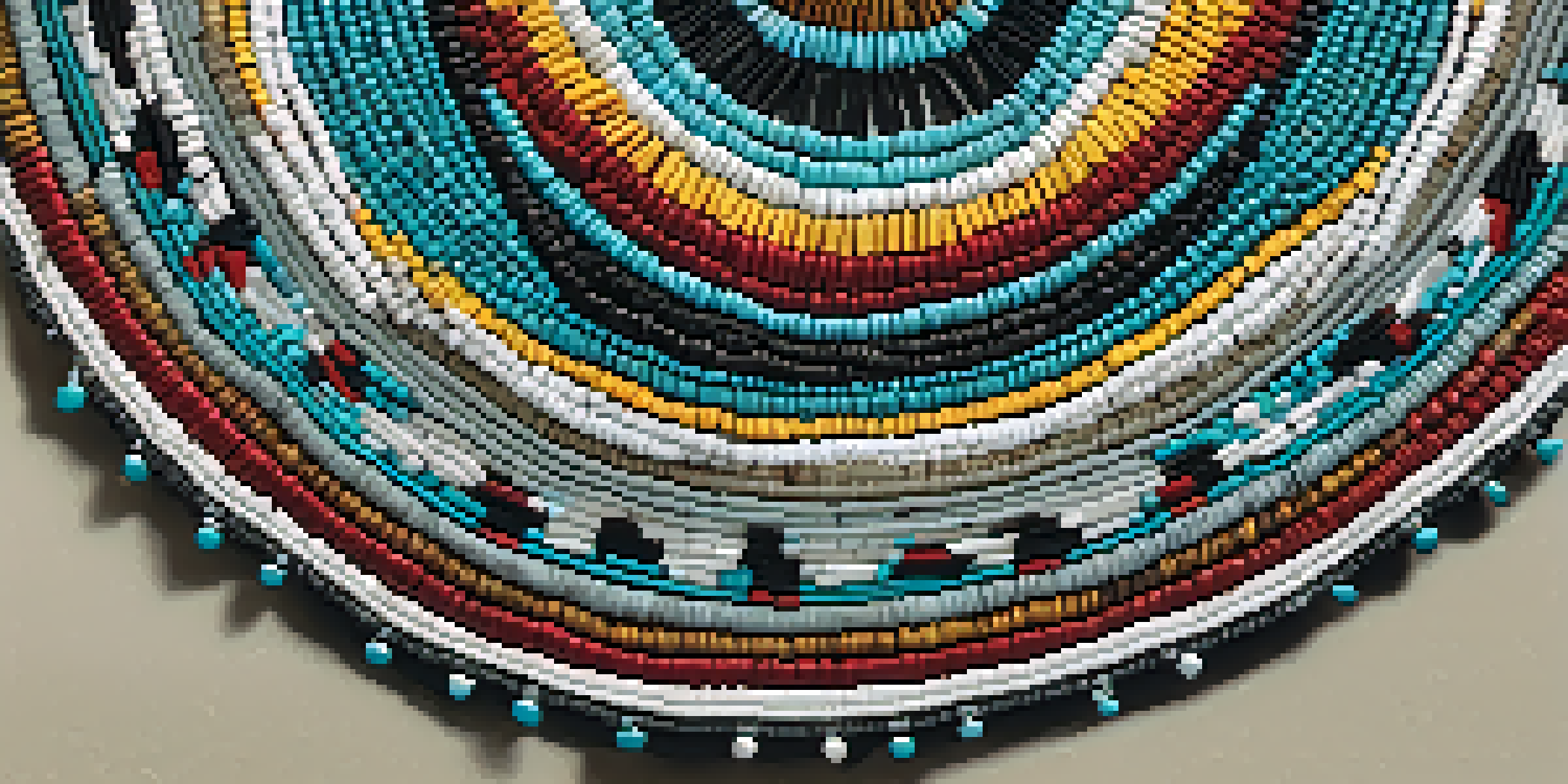 Detailed view of Native American beadwork and weaving showcasing vibrant colors and intricate designs.