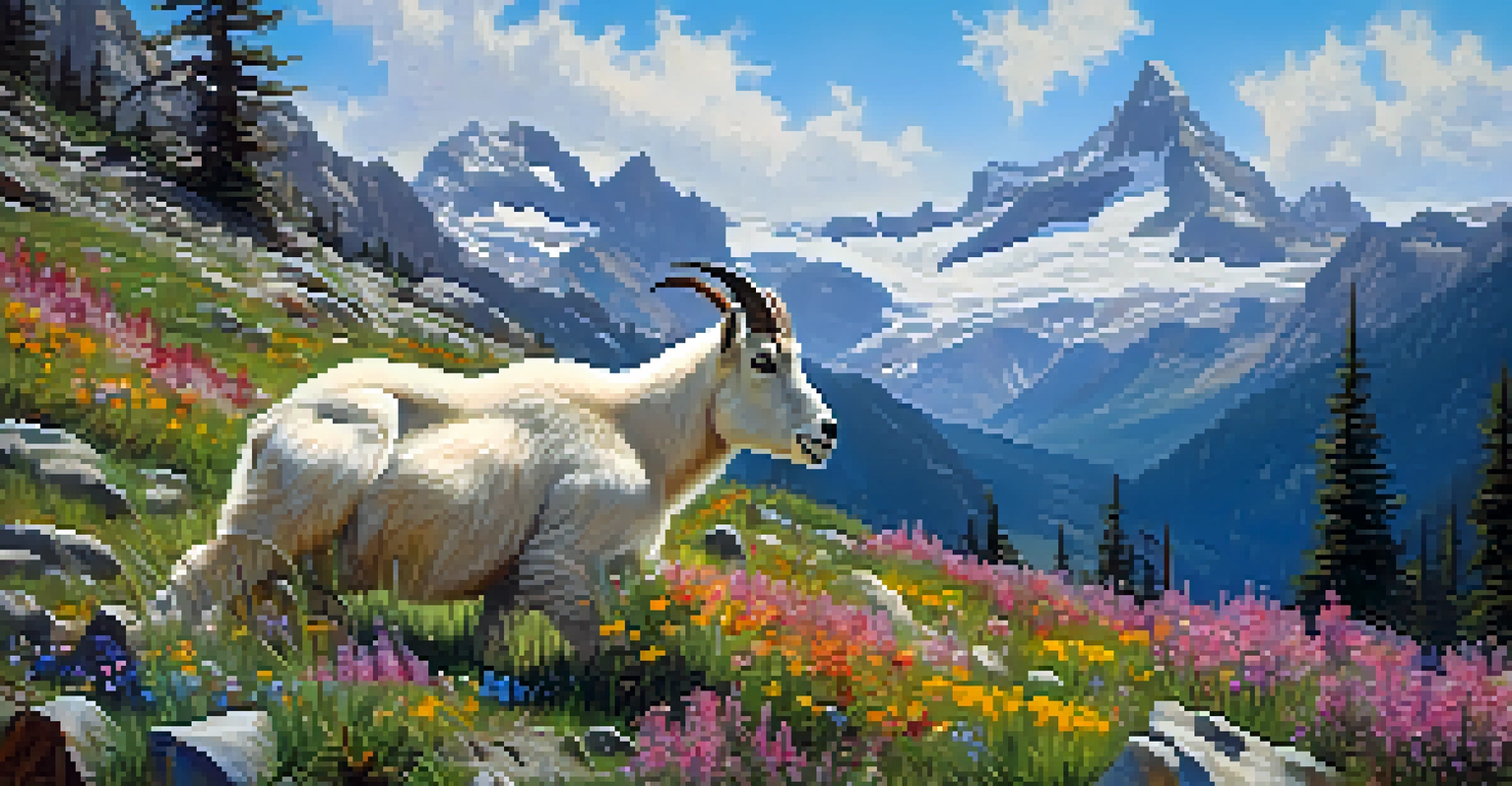 An alpine meadow filled with wildflowers and a mountain goat, with snow-capped peaks in the background under a clear blue sky.