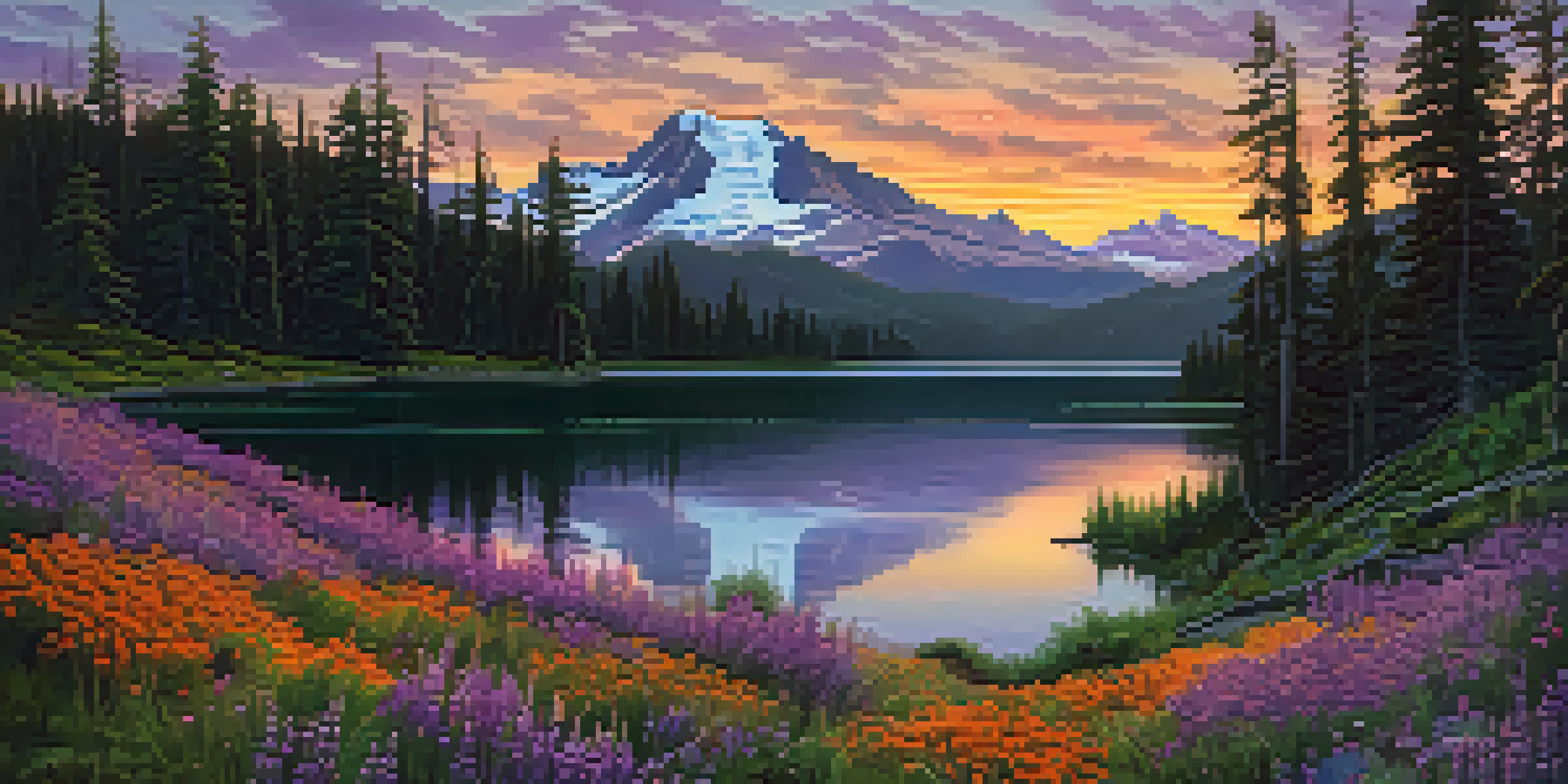 A scenic view of the Cascade Mountains with a sunset sky, a tranquil lake, and a hiking trail filled with wildflowers.