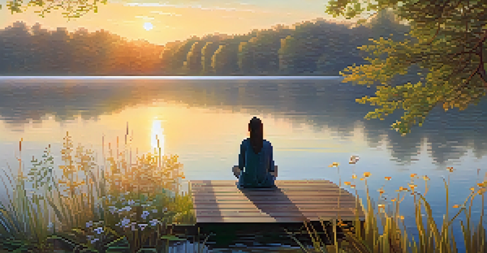 A person sitting on a wooden dock by a calm lake at sunrise, surrounded by blooming wildflowers and gentle rustling leaves.