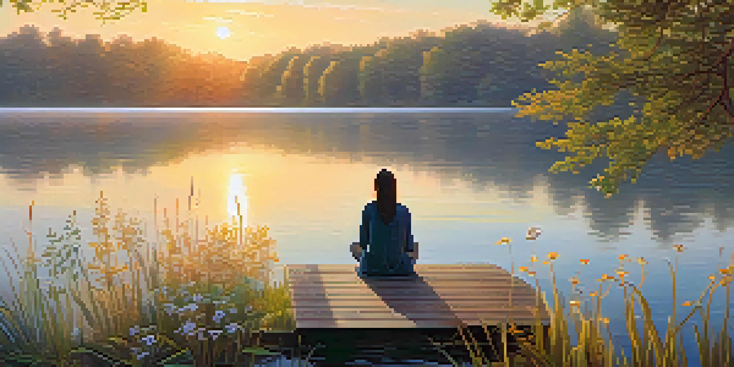 A person sitting on a wooden dock by a calm lake at sunrise, surrounded by blooming wildflowers and gentle rustling leaves.