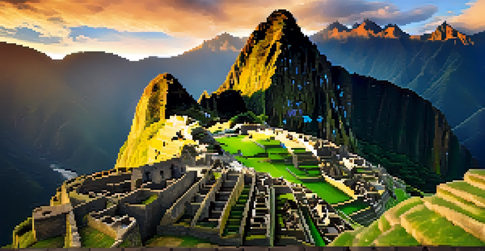 Machu Picchu at sunrise, featuring ancient stone ruins and terraced landscapes surrounded by mountains and clouds.