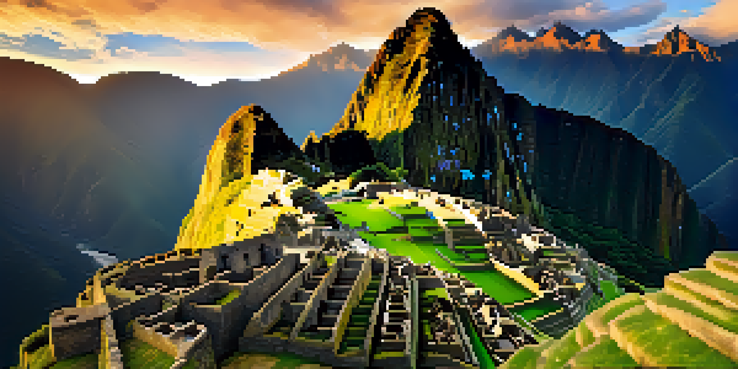 Machu Picchu at sunrise, featuring ancient stone ruins and terraced landscapes surrounded by mountains and clouds.
