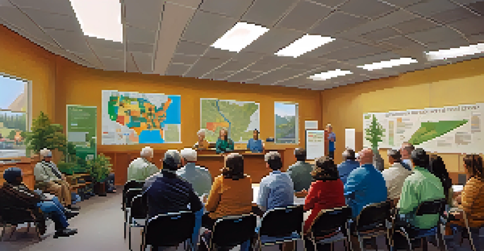 A lively town hall meeting with a diverse group of residents discussing local issues, with a local official presenting at the front.