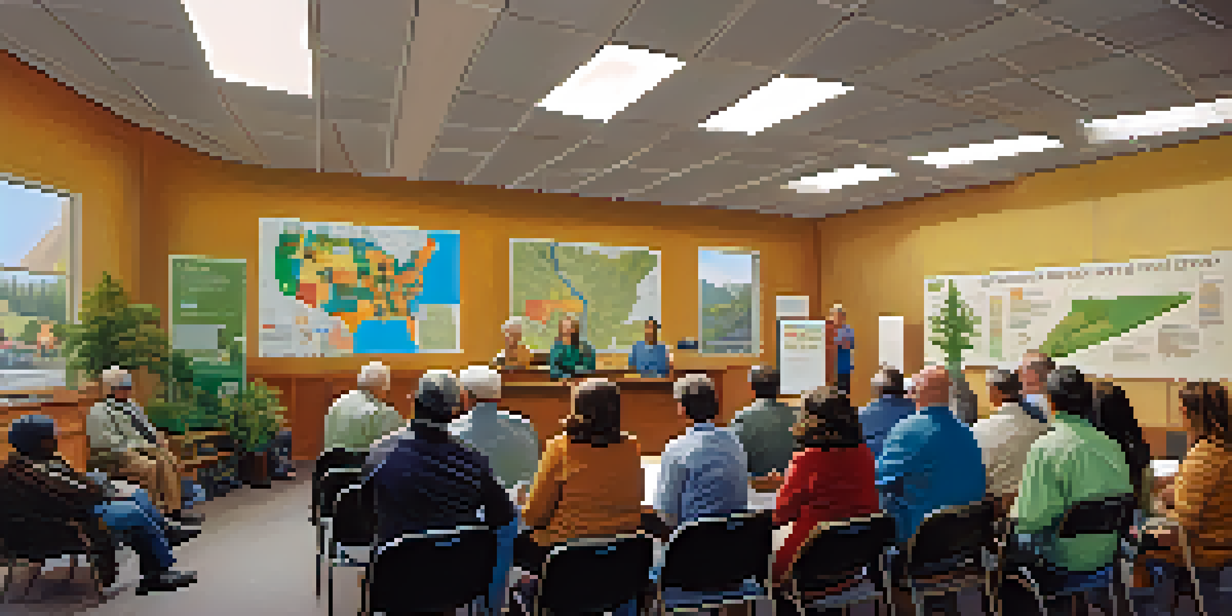 A lively town hall meeting with a diverse group of residents discussing local issues, with a local official presenting at the front.