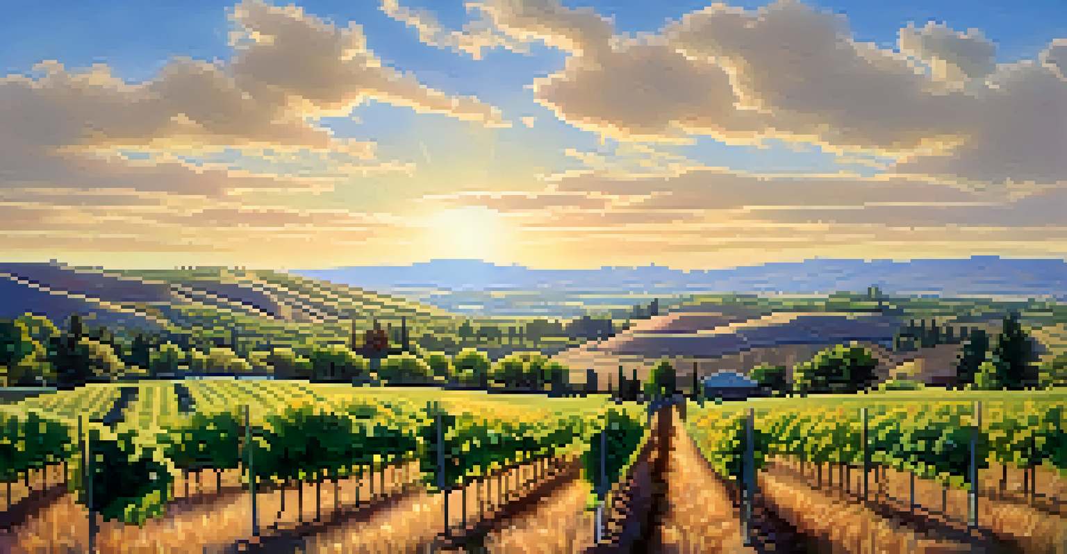 A beautiful panorama of the Walla Walla wine region with vineyards and mountains under a clear blue sky.