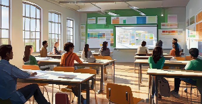 A bright university classroom with students working together, interactive whiteboards, and laptops on desks.