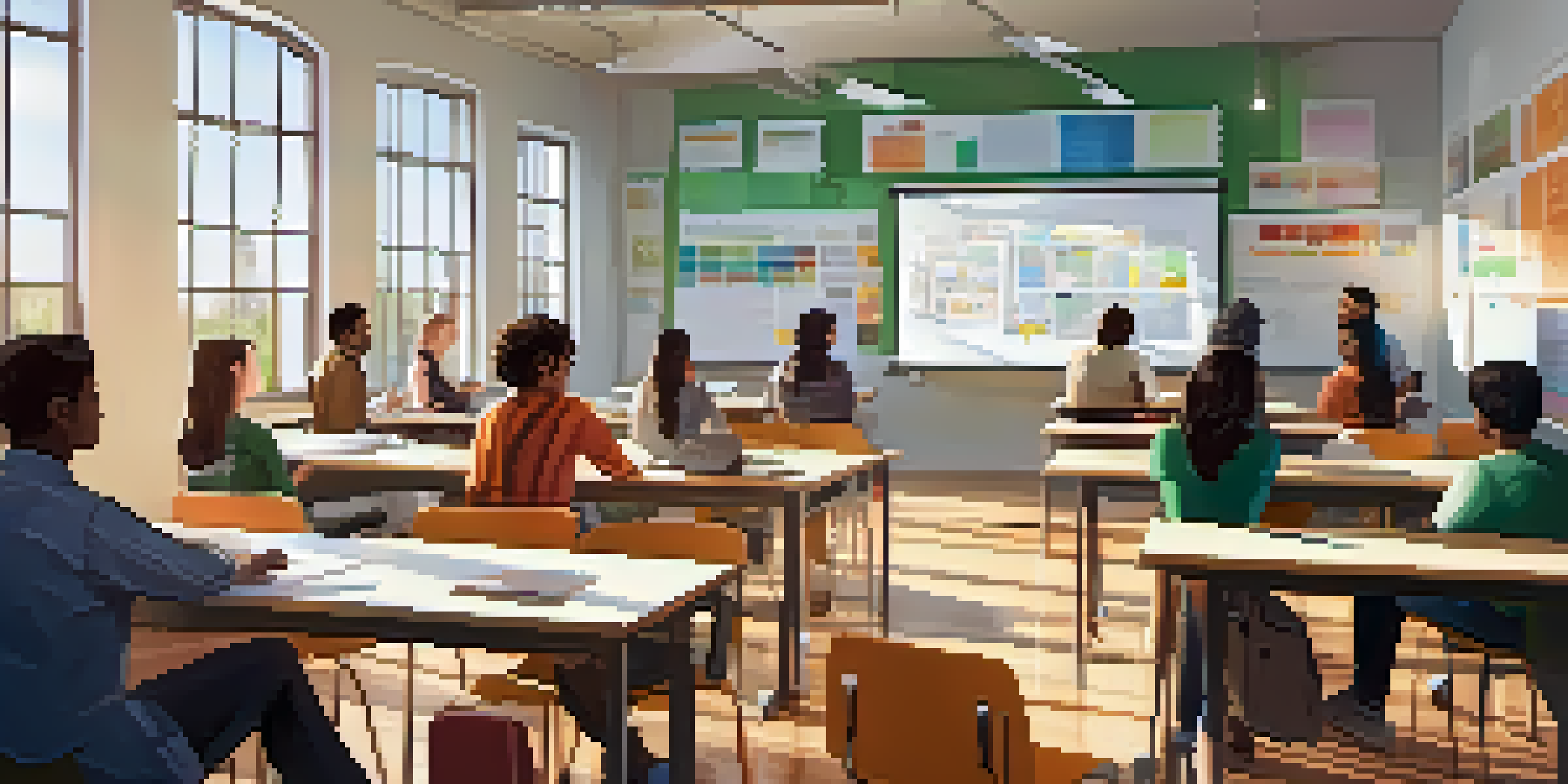 A bright university classroom with students working together, interactive whiteboards, and laptops on desks.