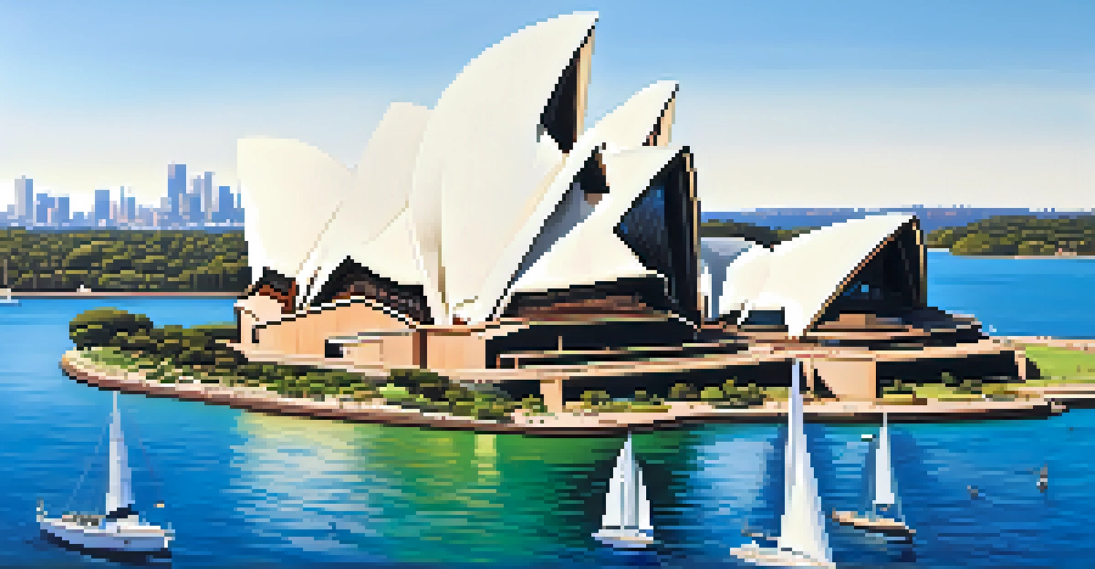Aerial view of the Sydney Opera House and the sparkling Sydney Harbour under a clear blue sky.