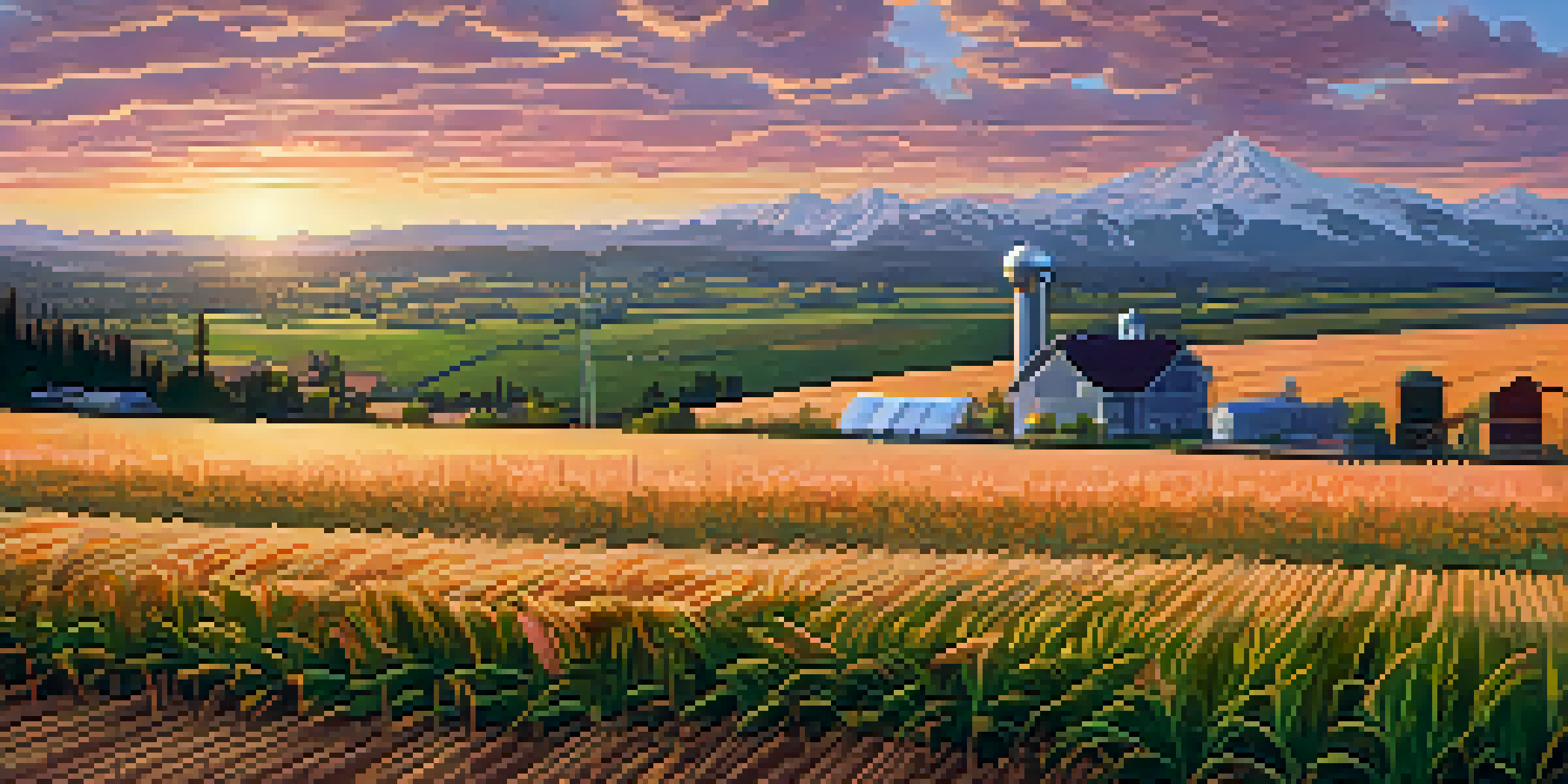 A farmer inspecting a weather station on a vibrant farm in Washington State during sunset, with crops and mountains in the background.
