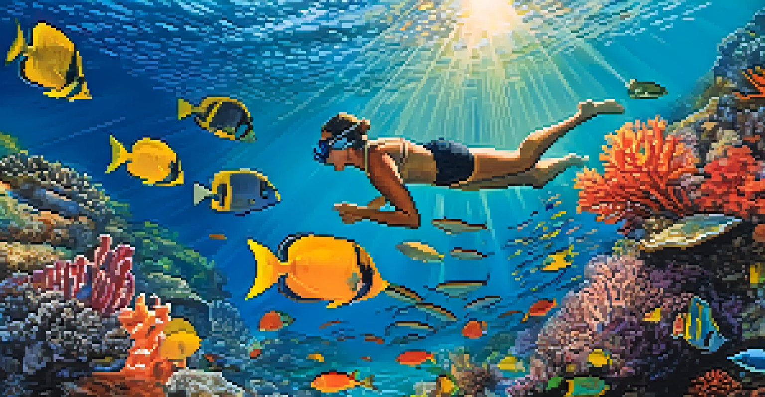 A snorkeler swims among colorful coral reefs and tropical fish, with sunlight filtering through the water.