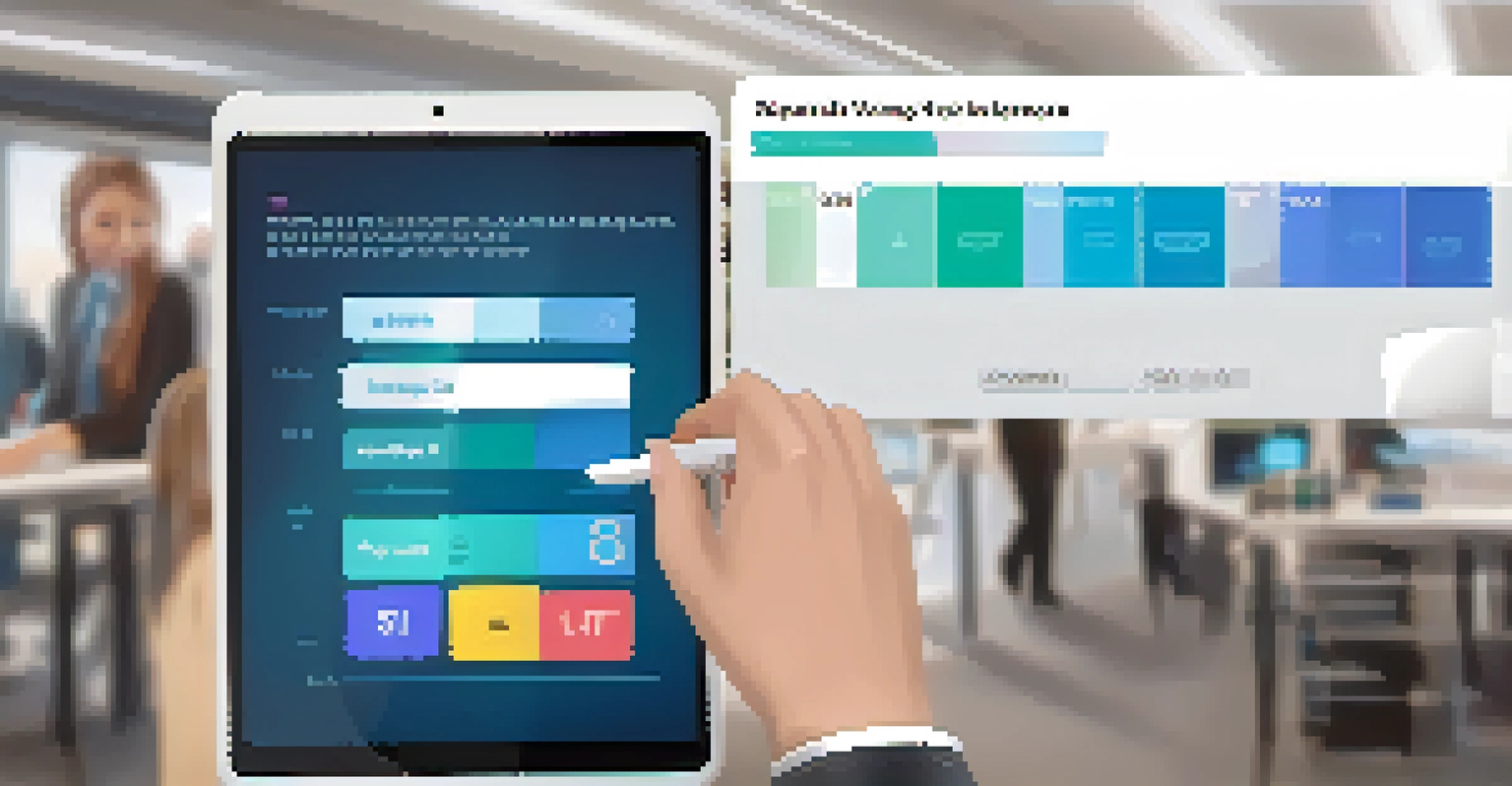A close-up of a digital voting interface on a tablet, with a hand selecting options, set against a modern office backdrop.