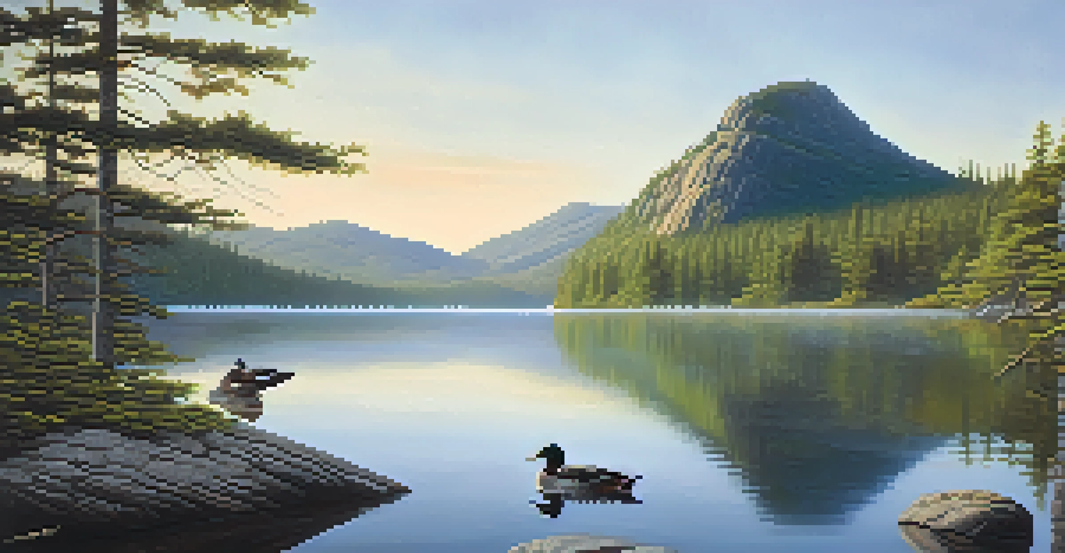A peaceful view of Jordan Pond in Acadia National Park with mist rising from the water and ducks swimming.