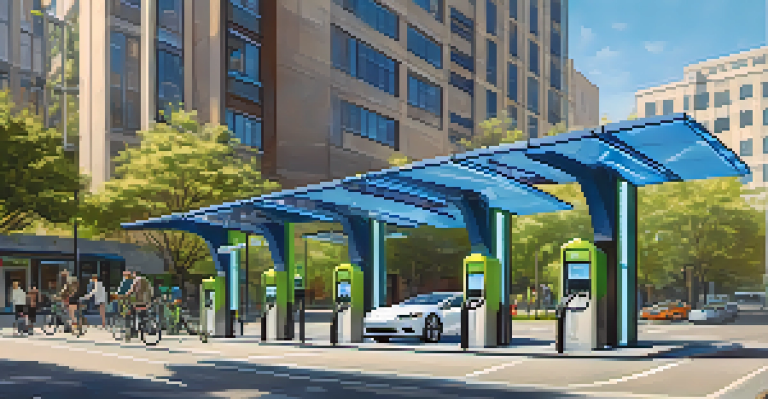 An electric vehicle charging station in a vibrant Washington State city with modern buildings, bike lanes, and solar panels.