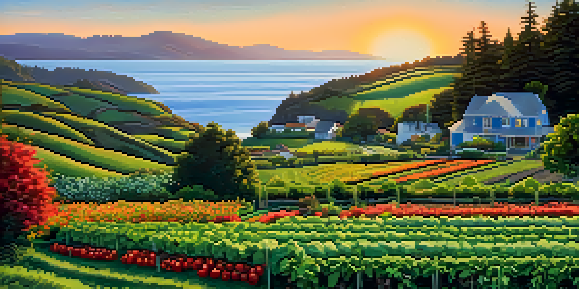 A beautiful coastal landscape in Washington with green hills, blue ocean, and a sunset, featuring a vegetable garden with tomatoes and leafy greens.