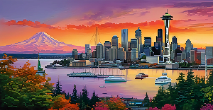 A sunset view of Seattle's skyline featuring the Space Needle, with colorful reflections and people in parks.