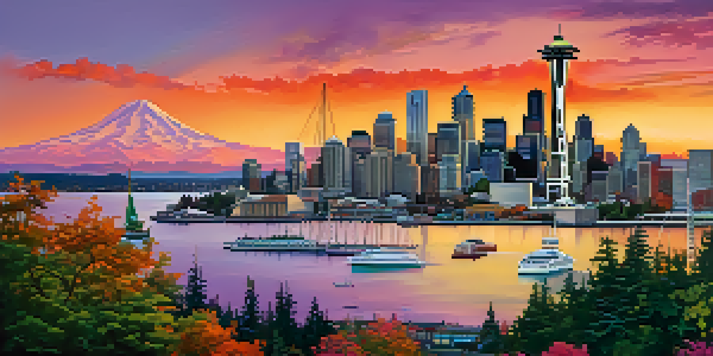 A sunset view of Seattle's skyline featuring the Space Needle, with colorful reflections and people in parks.