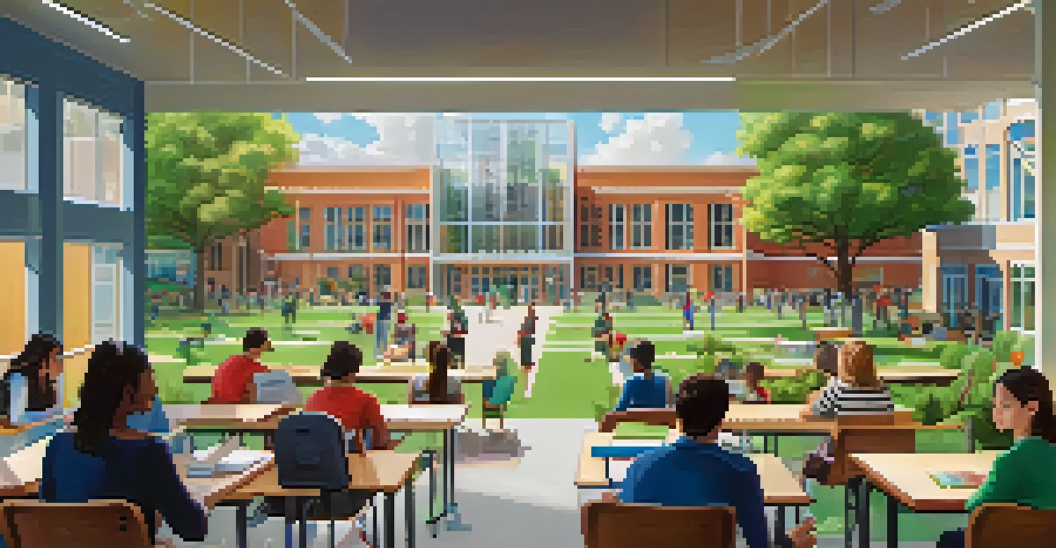 A split view of a university campus showing in-person learning in a classroom on one side and students learning online at home on the other, with vibrant colors and greenery.