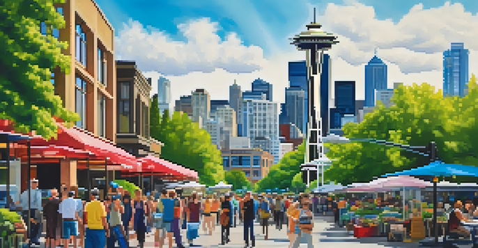 A colorful urban scene in Seattle with the Space Needle, skyscrapers, and people enjoying the park.