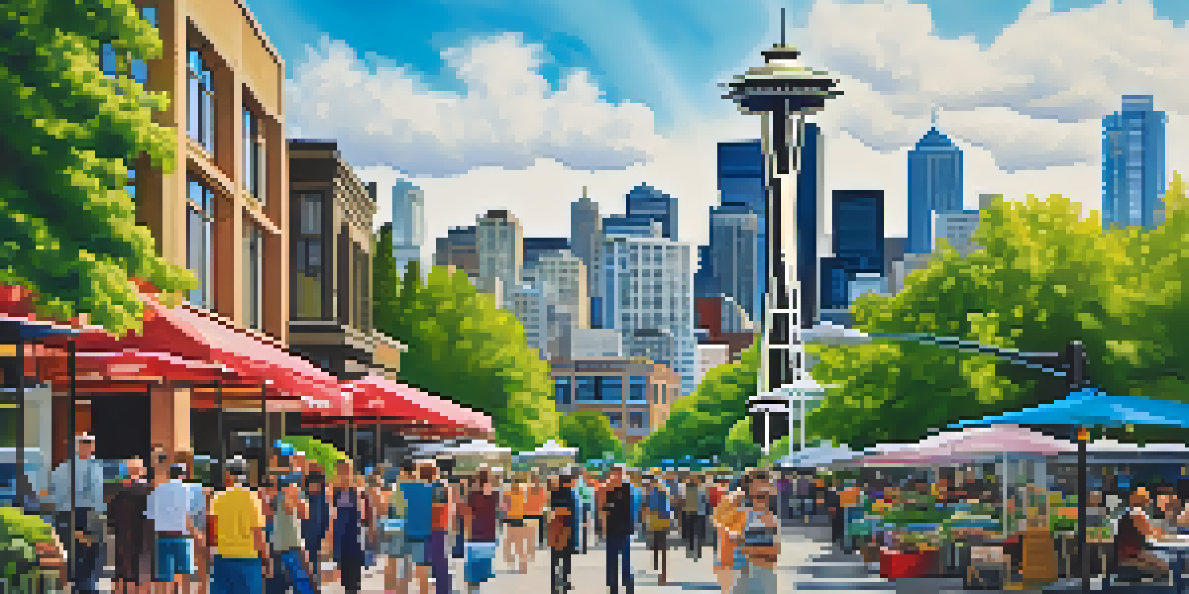 A colorful urban scene in Seattle with the Space Needle, skyscrapers, and people enjoying the park.